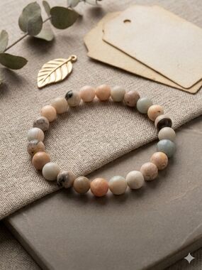 Natural Amazonite Beaded Stretch Bracelet in Pastel Peach and Green